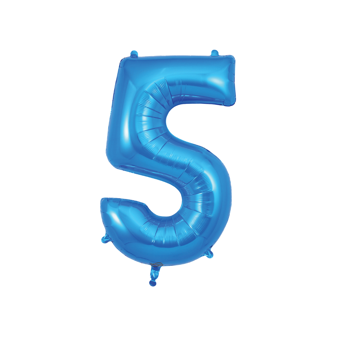 Blue 34in number 5 foil balloon with glossy finish for birthday or anniversary parties – from Parte Haus party supply store in Bethesda, MD.