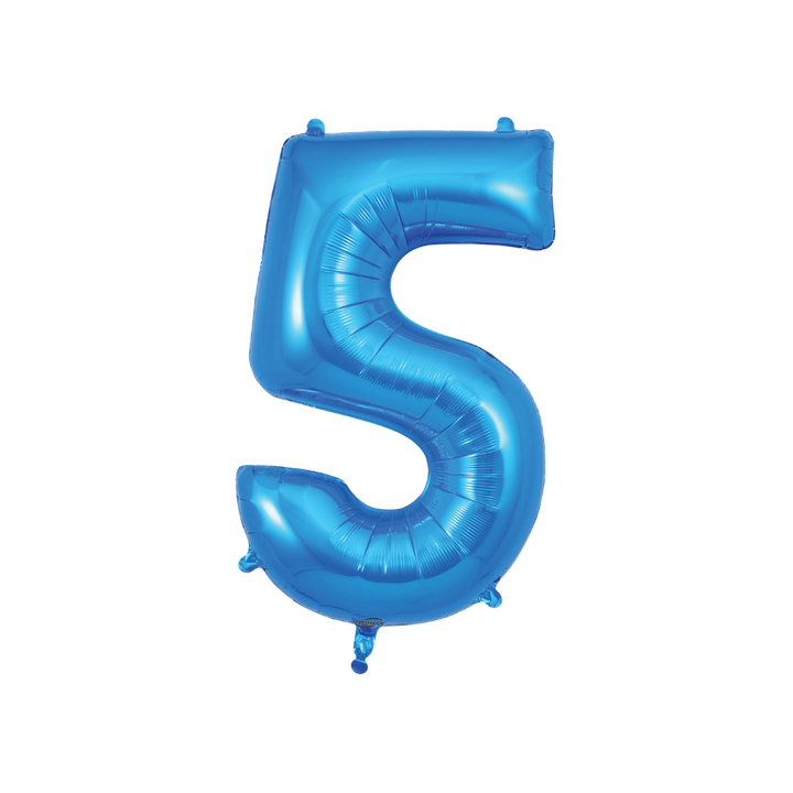 Blue 34in number 5 foil balloon with glossy finish for birthday or anniversary parties – from Parte Haus party supply store in Bethesda, MD.