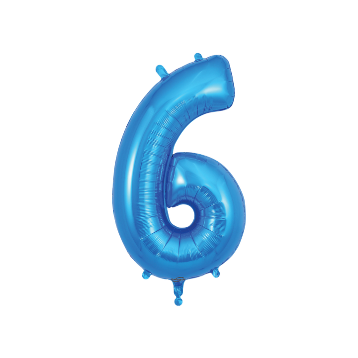 Blue 34in number 6 foil balloon with glossy finish for birthday or anniversary parties – from Parte Haus party supply store in Bethesda, Maryland.