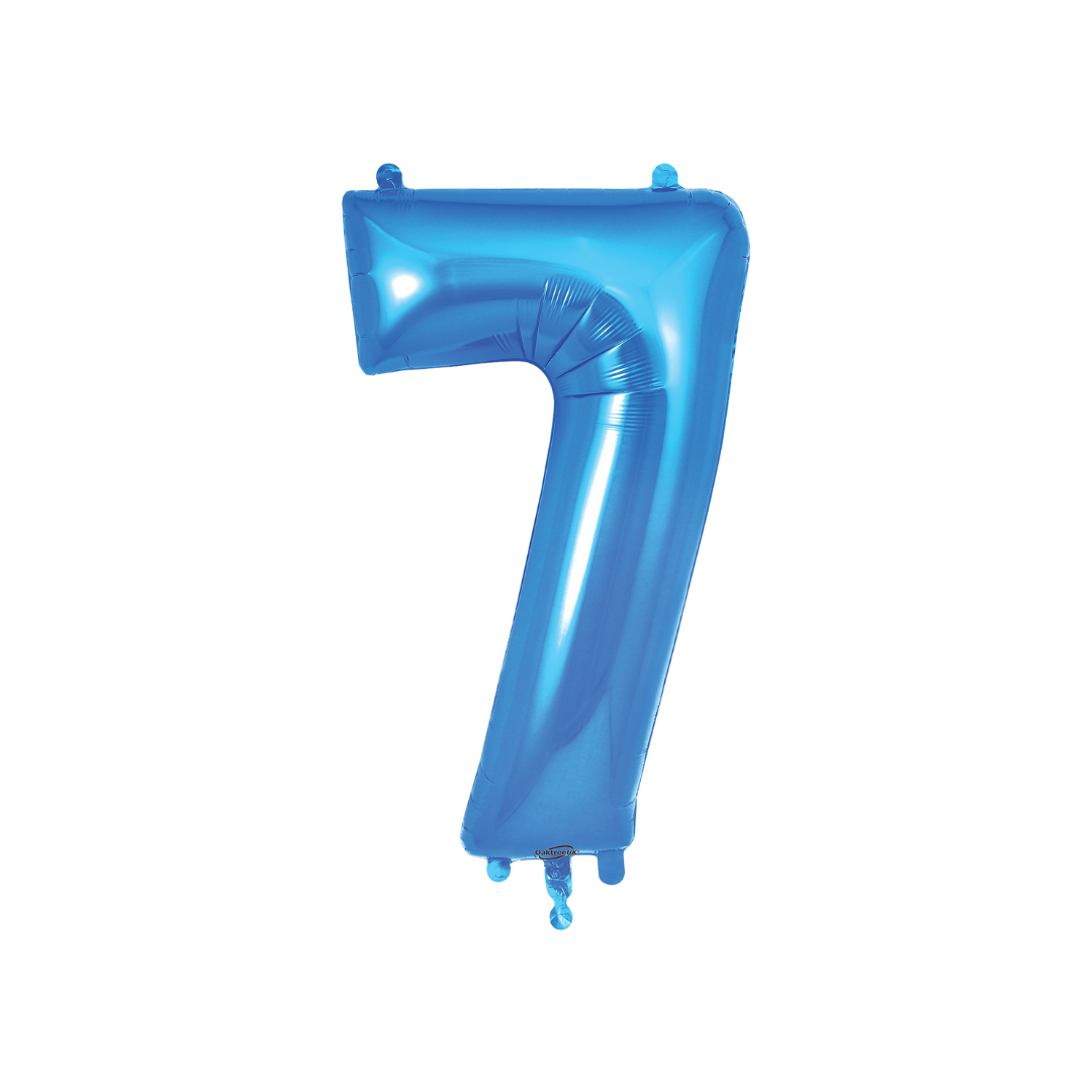 Blue 34in number 7 foil balloon with glossy finish for birthday or anniversary parties – from Parte Haus party supply store in Bethesda, MD.