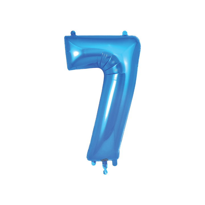 Blue 34in number 7 foil balloon with glossy finish for birthday or anniversary parties – from Parte Haus party supply store in Bethesda, MD.