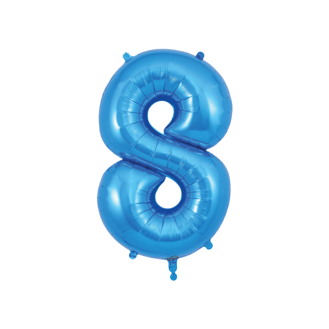 Blue 34in number 8 foil balloon with glossy finish for birthday or anniversary parties – from Parte Haus party supply store in Bethesda, Maryland.