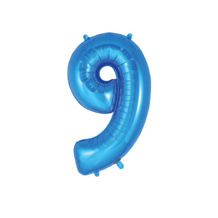 Blue 34in number 9 foil balloon with glossy finish for birthday or anniversary parties – from Parte Haus party supply store in Bethesda, MD.