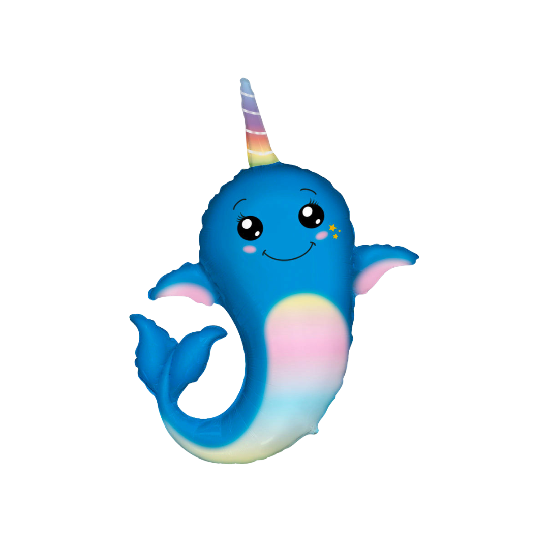 Blue ombre 37in narwhal foil balloon with rainbow horn for under the sea birthdays – from Parte Haus party supply store in Bethesda, Maryland.