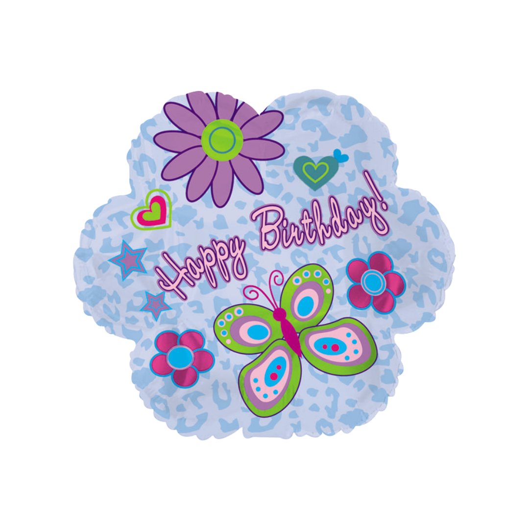 Blue and purple 18in butterfly floral Happy Birthday foil balloon with fun patterned design – from Parte Haus party supply store in Bethesda, Maryland.