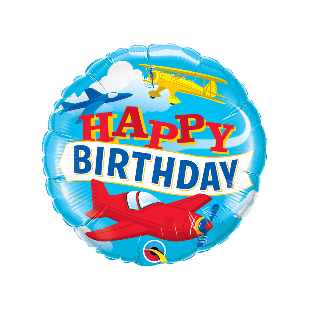 Blue and red 18in airplane Happy Birthday foil balloon with colorful planes – from Parte Haus party supply store in Bethesda, MD.