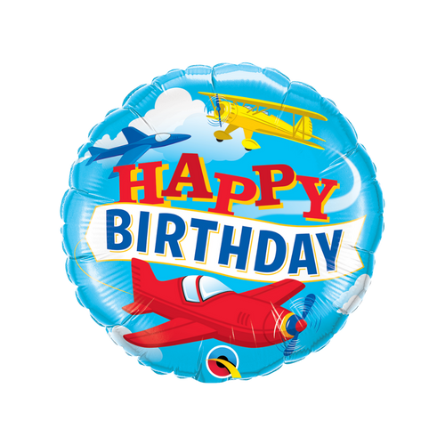 blue red airplane foil balloon with happy birthday and airplanes aviation birthday from Parte Haus party supply store in Bethesda MD