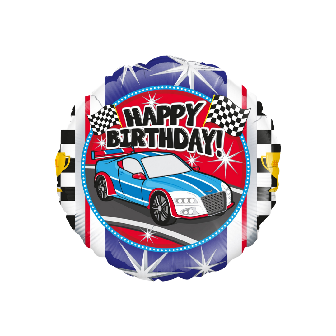 Blue and red 18in sports car Happy Birthday foil balloon with racing flags – from Parte Haus party supply store in Bethesda, Maryland.