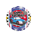 Blue red sports car foil balloon with racing flags birthday theme from Parte Haus party supply store in Bethesda MD