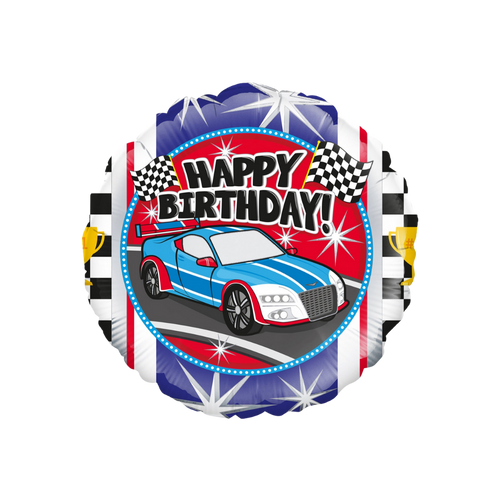 Blue red sports car foil balloon with racing flags birthday theme from Parte Haus party supply store in Bethesda MD