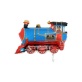 Blue red train foil balloon with cartoon train conductor birthday theme from Parte Haus party supply store in Bethesda MD