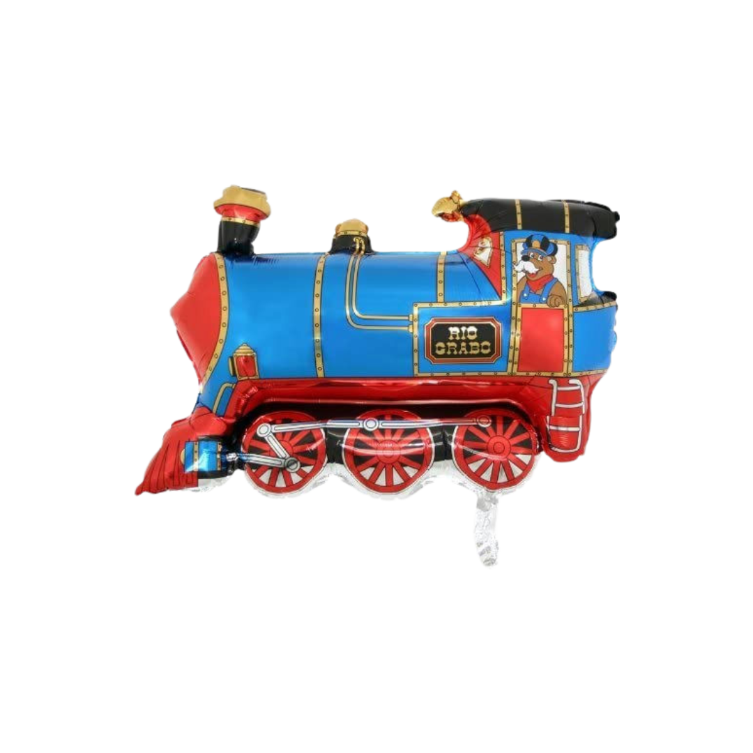 Blue red train foil balloon with cartoon train conductor birthday theme from Parte Haus party supply store in Bethesda MD