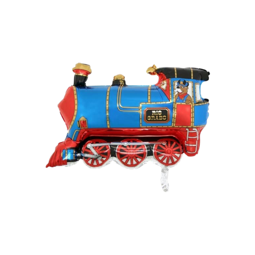 Blue red train foil balloon with cartoon train conductor birthday theme from Parte Haus party supply store in Bethesda MD
