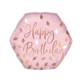 Blush rose gold hexagonal foil balloon with Happy Birthday text birthday theme from Parte Haus party supply store in Bethesda MD