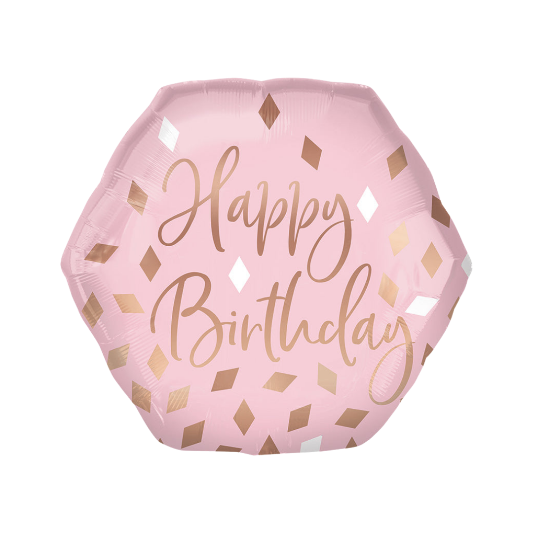 Blush rose gold hexagonal foil balloon with Happy Birthday text birthday theme from Parte Haus party supply store in Bethesda MD