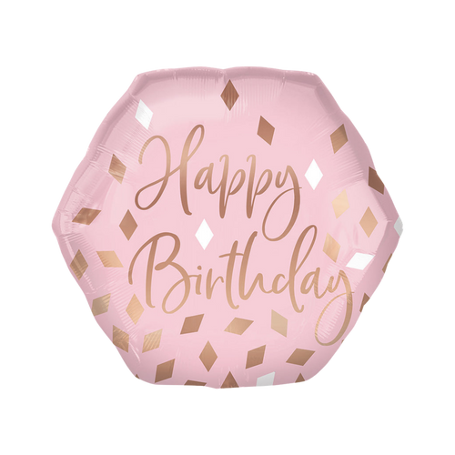 Blush rose gold hexagonal foil balloon with Happy Birthday text birthday theme from Parte Haus party supply store in Bethesda MD