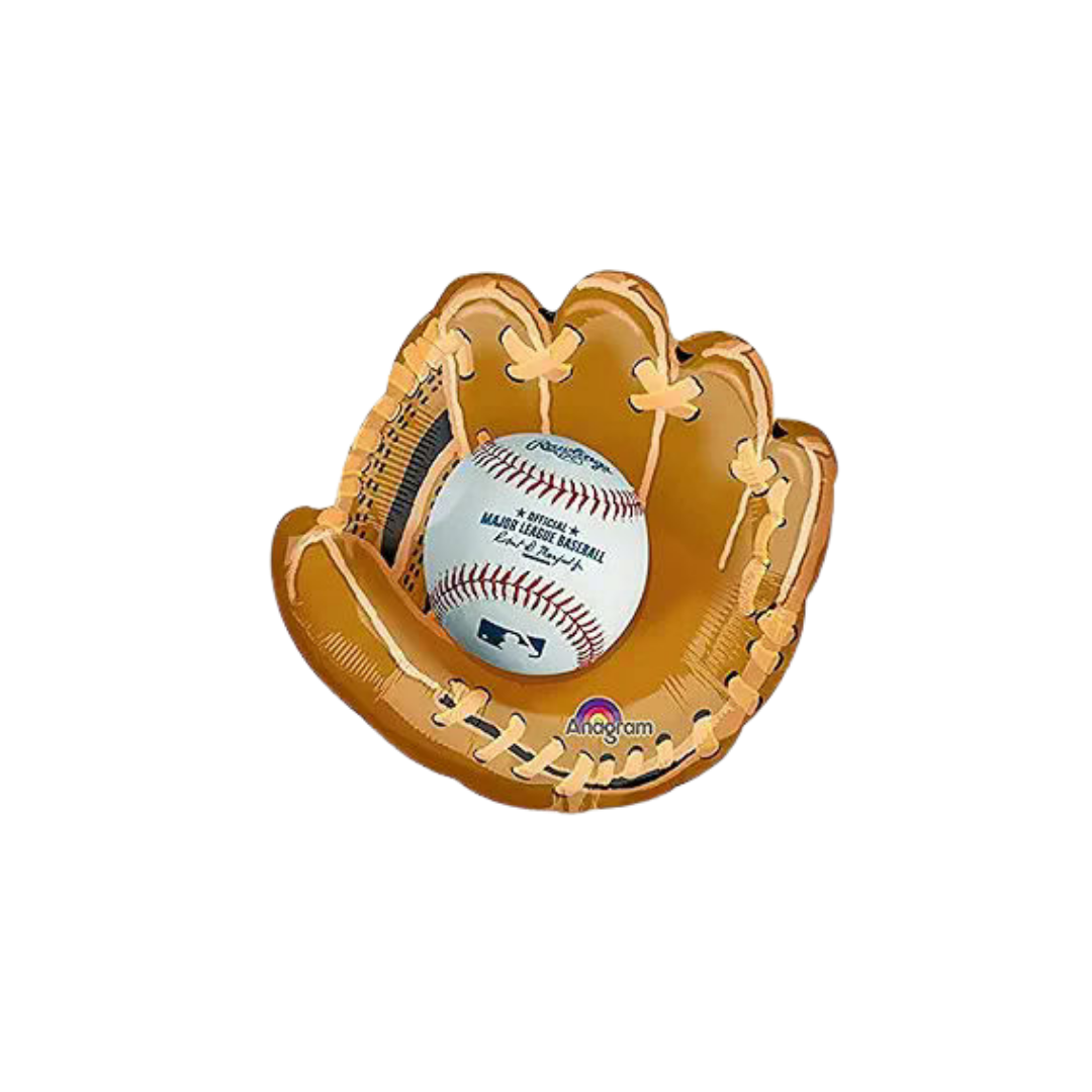 Brown baseball glove foil balloon with baseball for birthday from Parte Haus party supply store in Bethesda MD