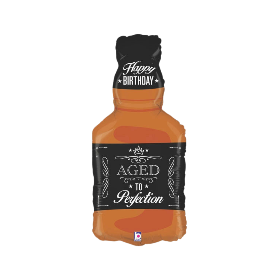 Brown and black 34in whiskey bottle “Aged to Perfection” birthday foil balloon – from Parte Haus party supply store in Bethesda, Maryland.