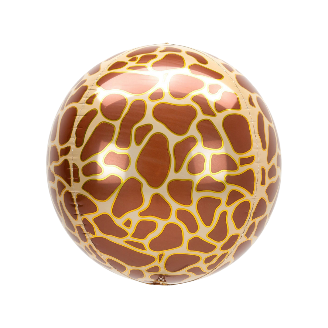 Brown 16in giraffe print orbz foil balloon for birthday parties – from Parte Haus party supply store in Bethesda, MD.
