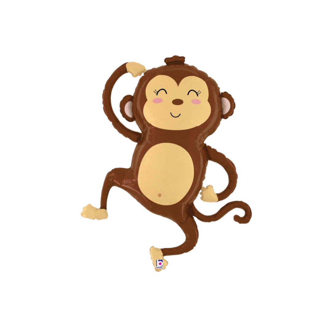 Brown monkey foil balloon with smiling face birthday party theme from Parte Haus party supply store in Bethesda Maryland.