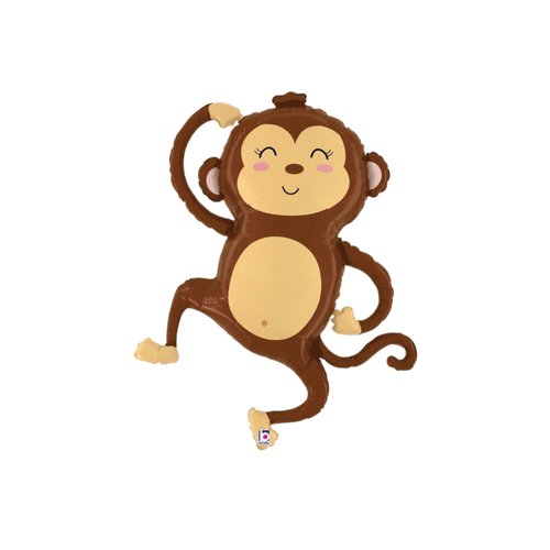 Brown monkey foil balloon with smiling face birthday party theme from Parte Haus party supply store in Bethesda Maryland.