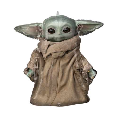 Brown Grogu Yoda foil balloon shaped like Star Wars character for birthday from Parte Haus party supply store in Bethesda Maryland