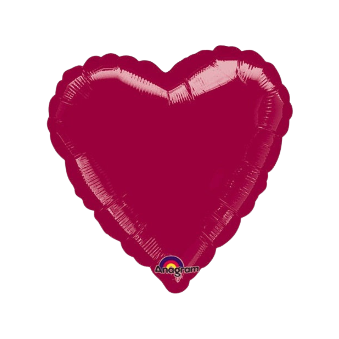 Burgundy 18in heart foil balloon for romantic celebrations – from Parte Haus party supply store in Bethesda, Maryland.
