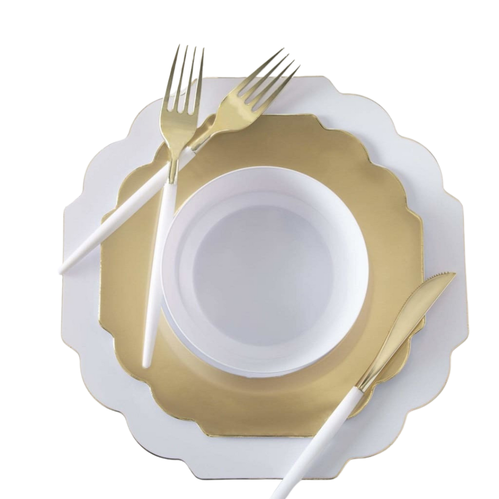 White and gold plate and cutlery elegant dinnerware for celebration from Parte Haus party supply store in Bethesda, Maryland