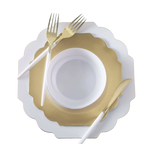 White and gold plate and cutlery elegant dinnerware for celebration from Parte Haus party supply store in Bethesda, Maryland