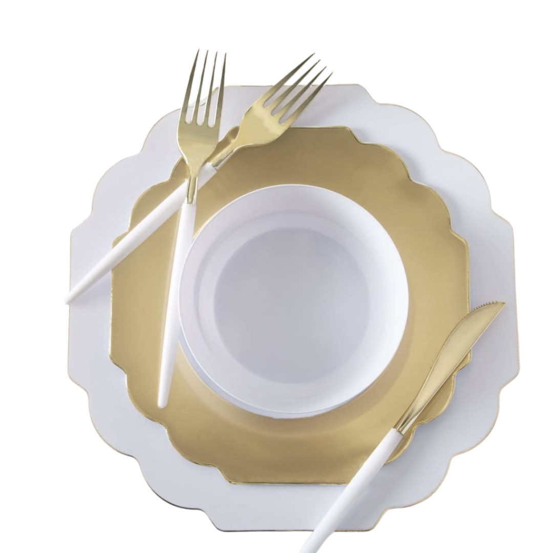 White and gold plate and cutlery elegant dinnerware for celebration from Parte Haus party supply store in Bethesda, Maryland