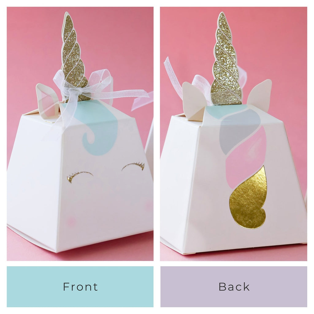 White unicorn favor box with gold glitter horn and pastel details for birthday from Parte Haus party supply store in Bethesda Maryland