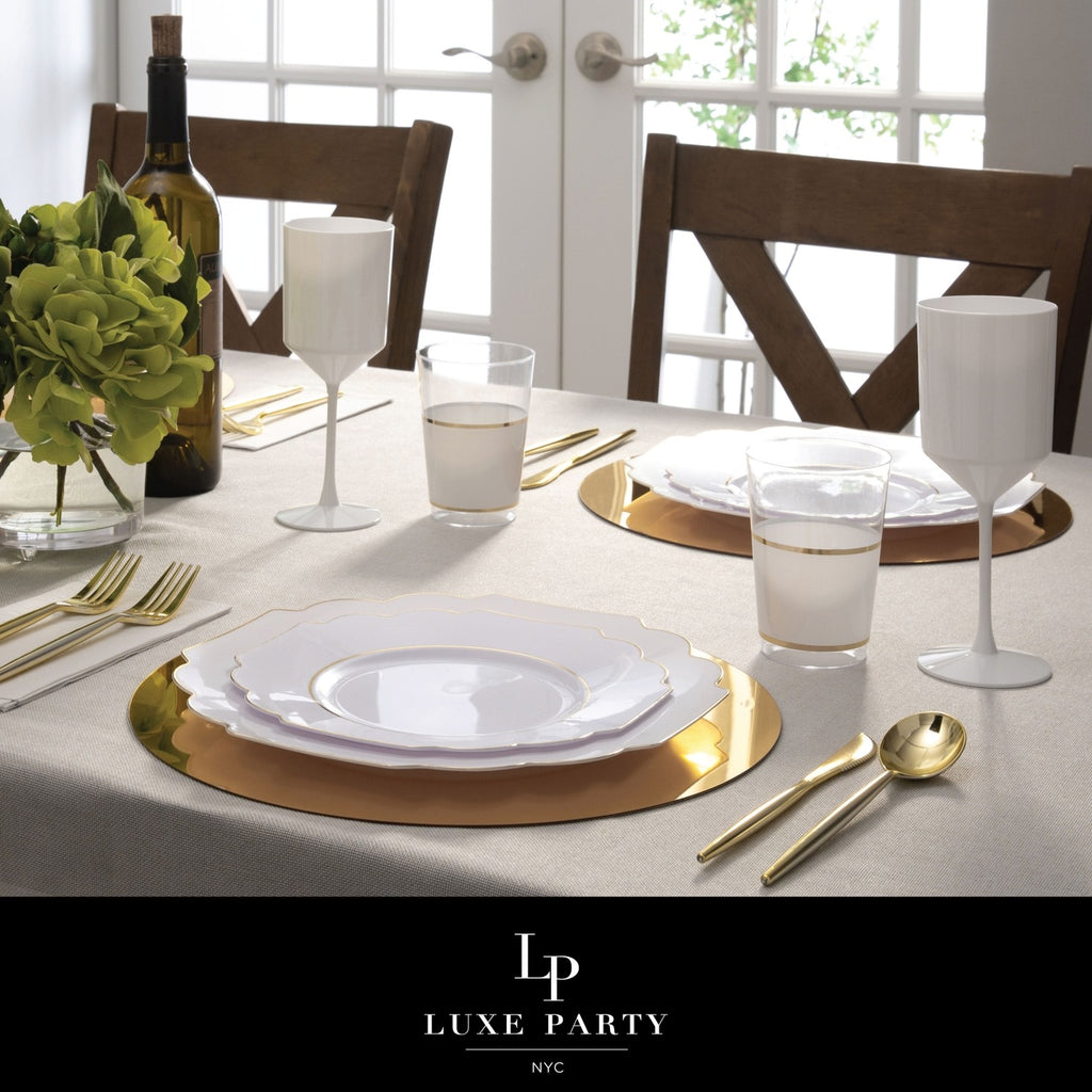 White and gold tableware set elegant dinnerware for celebrations from Parte Haus party supply store in Bethesda MD.