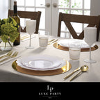 White and gold tableware set elegant dinnerware for celebrations from Parte Haus party supply store in Bethesda MD.