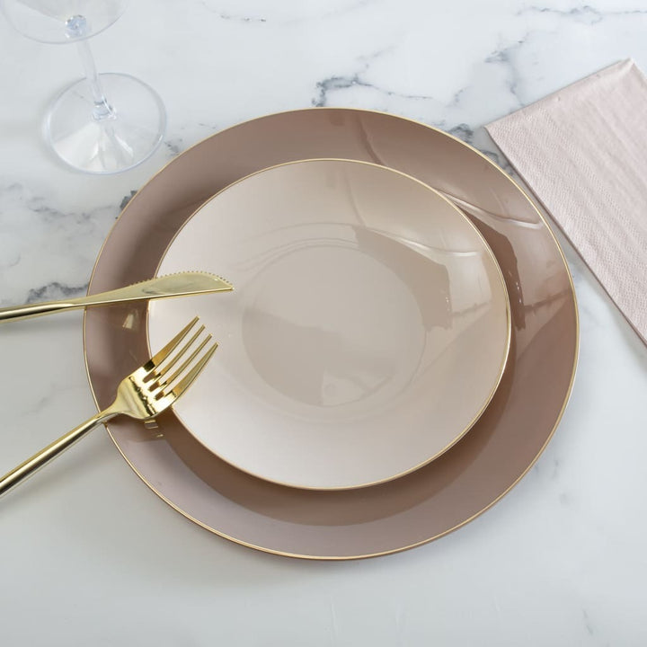 Taupe Gold Rimmed Plastic Plates