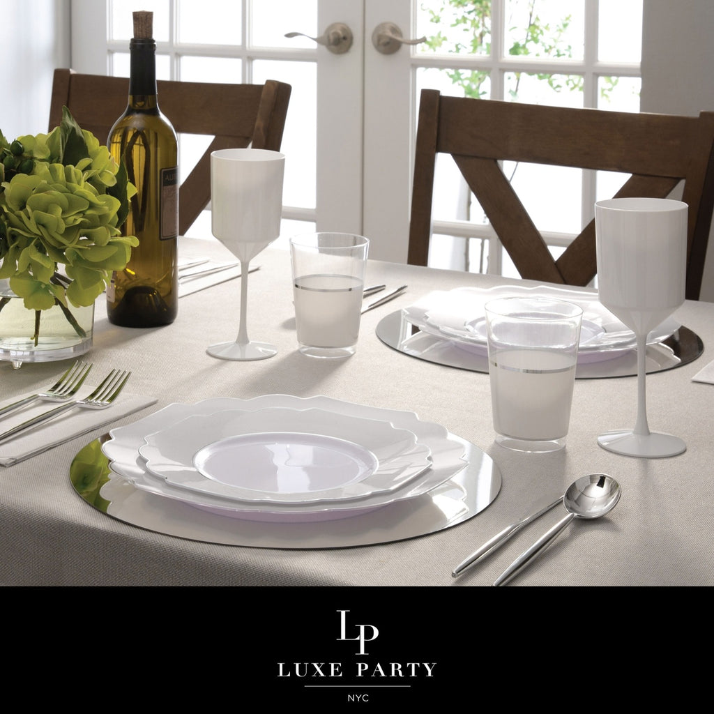 White plastic dinnerware elegant tablescape for dinner party from Parte Haus party supply store in Bethesda MD