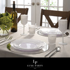 White plastic dinnerware elegant tablescape for dinner party from Parte Haus party supply store in Bethesda MD