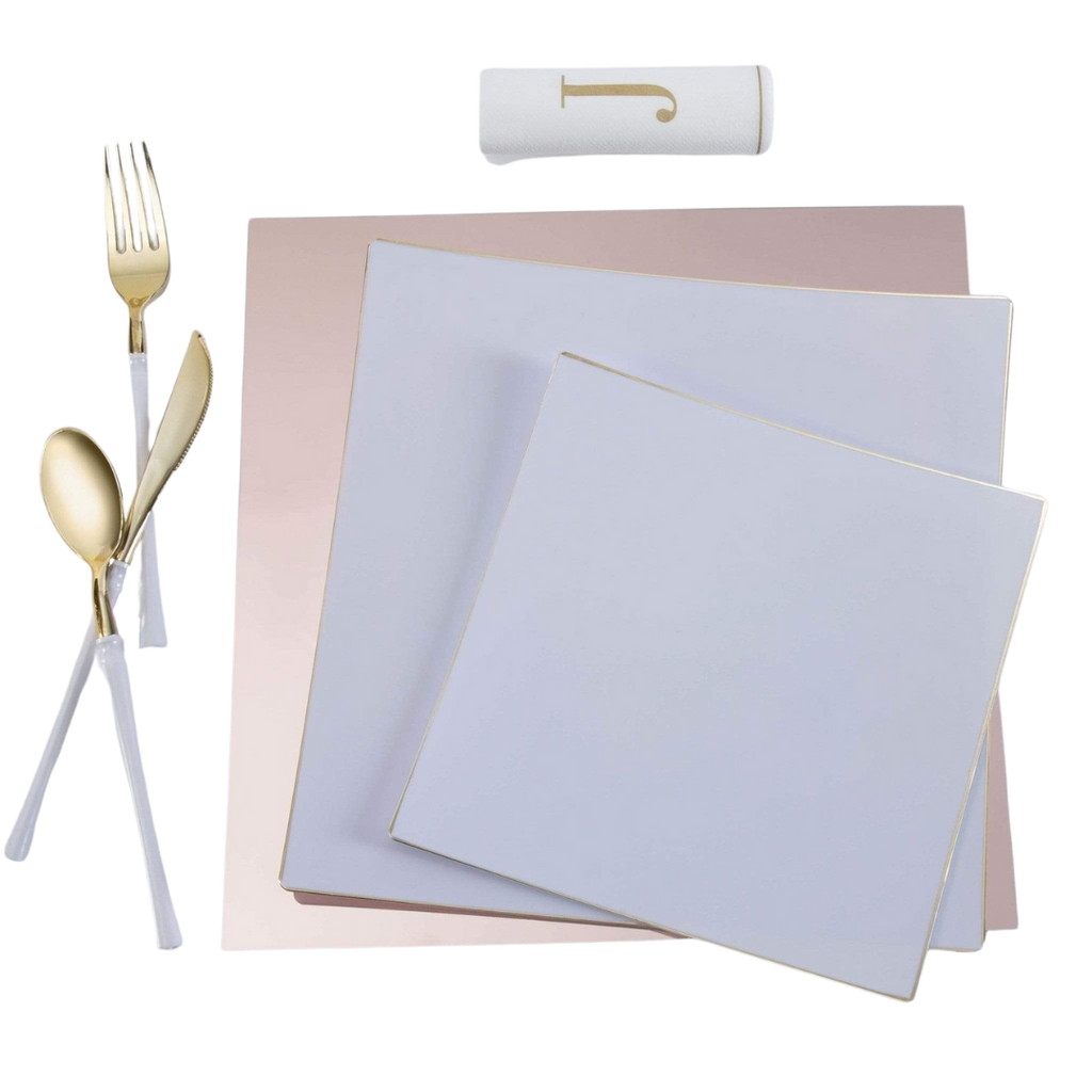 White and gold disposable plate set with gold utensils for elegant gatherings from Parte Haus party supply store in Bethesda MD