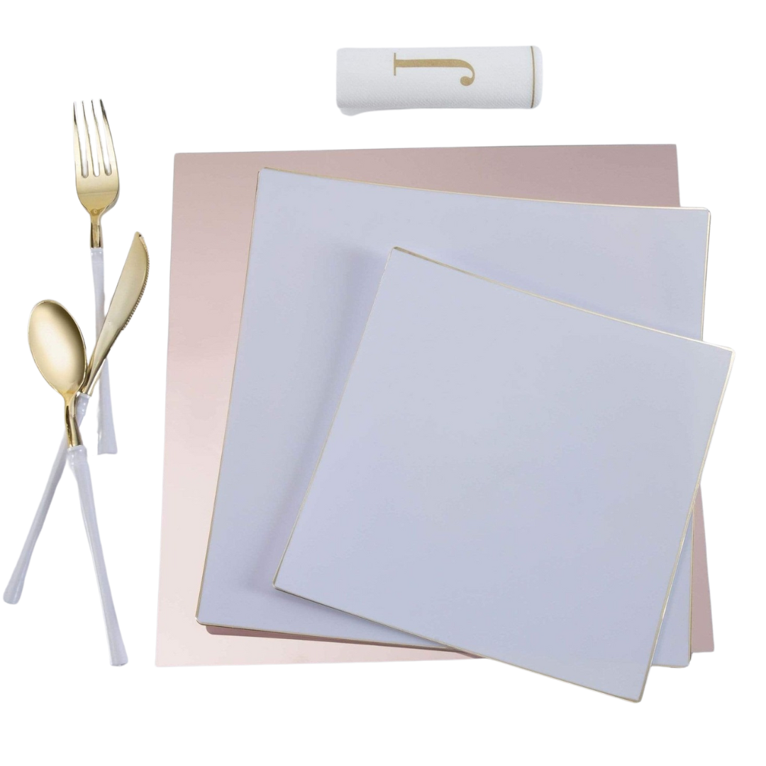 White and gold disposable plate set with gold utensils for elegant gatherings from Parte Haus party supply store in Bethesda MD