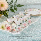 Pink floral teapot favor boxes with gold foil for tea party theme from Parte Haus party supply store in Bethesda Maryland