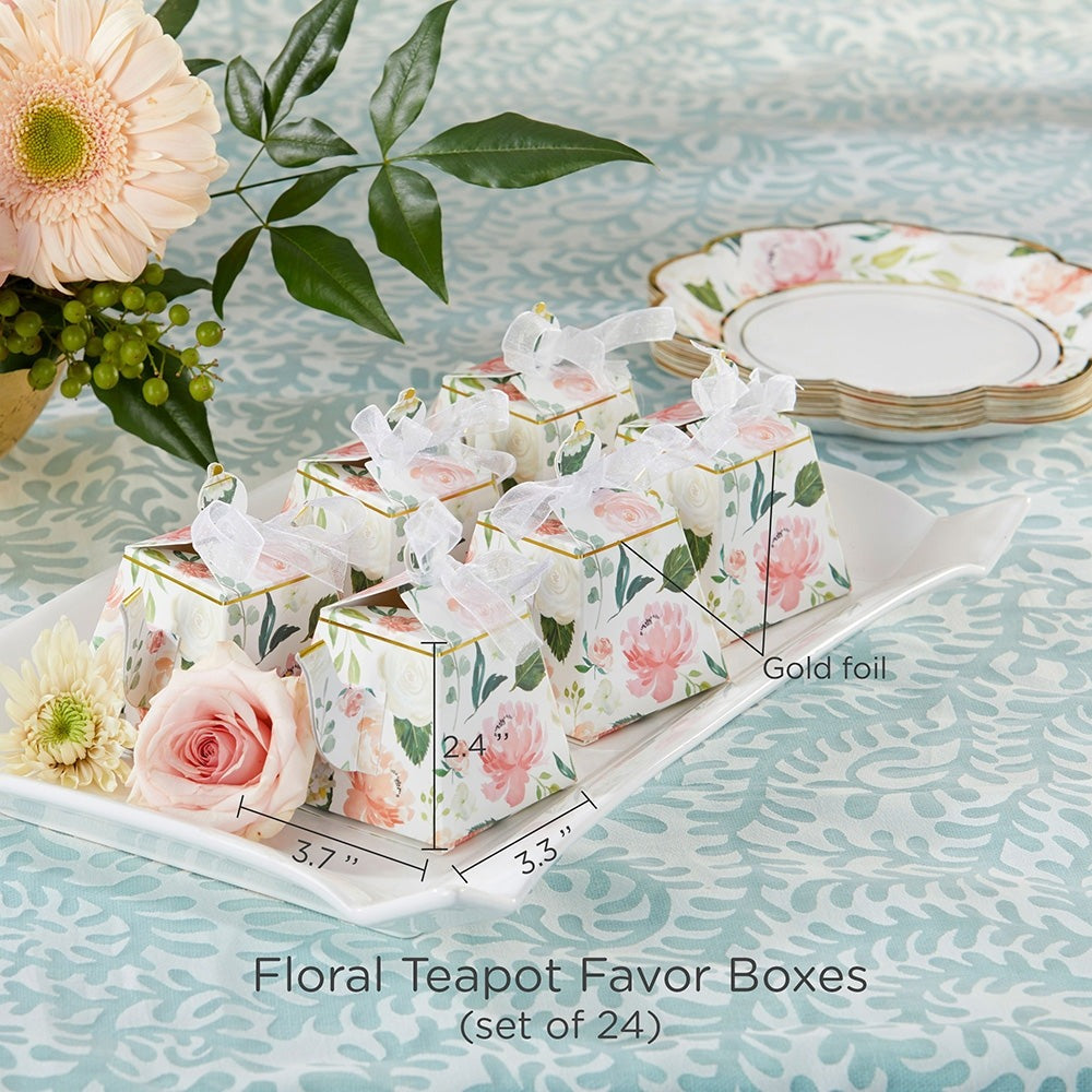 Pink floral teapot favor boxes with gold foil for tea party theme from Parte Haus party supply store in Bethesda Maryland