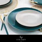 Teal and gold dinnerware set elegant table setting for modern celebration from Parte Haus party supply store in Bethesda MD