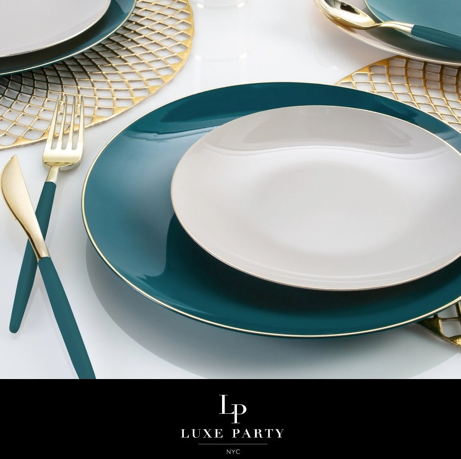 Teal and gold dinnerware set elegant table setting for modern celebration from Parte Haus party supply store in Bethesda MD
