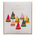 Red green pink yellow elf hats with gold trim Christmas theme from Parte Haus party supply store in Bethesda Maryland