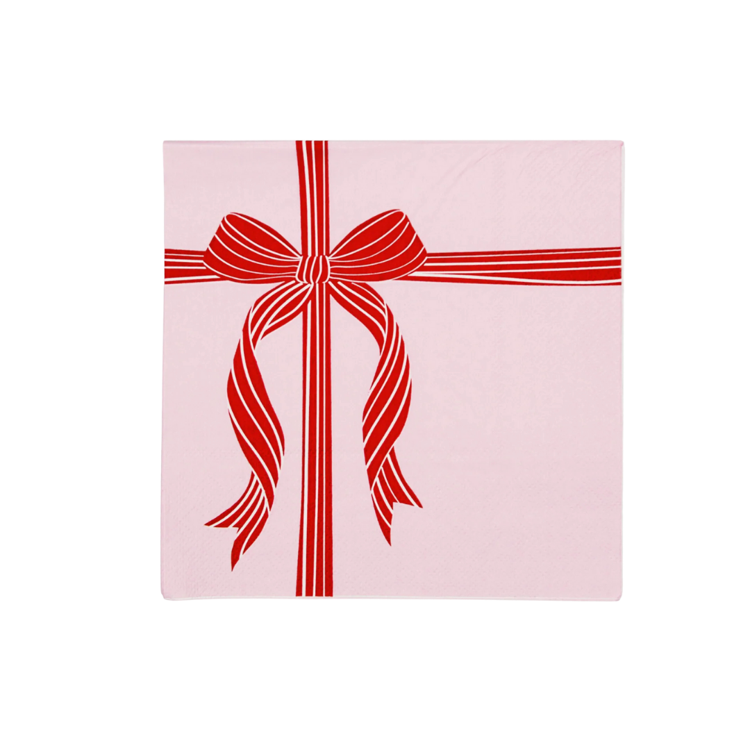 pink napkin with red bow Christmas theme from Parte Haus party supply store in Bethesda MD