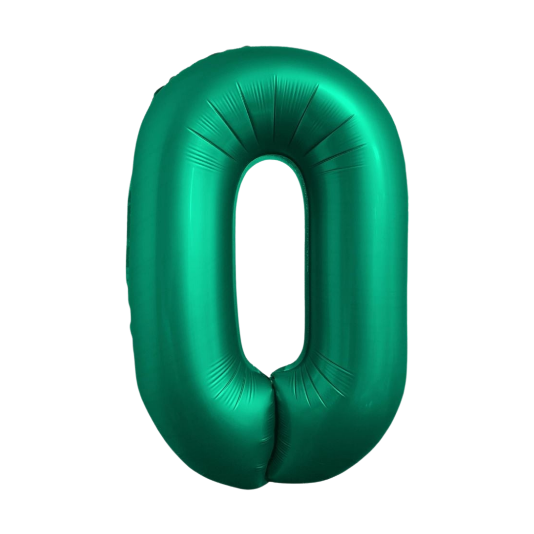 Chrome green 34in number 0 foil balloon for birthday parties – from Parte Haus party supply store in Bethesda, Maryland.