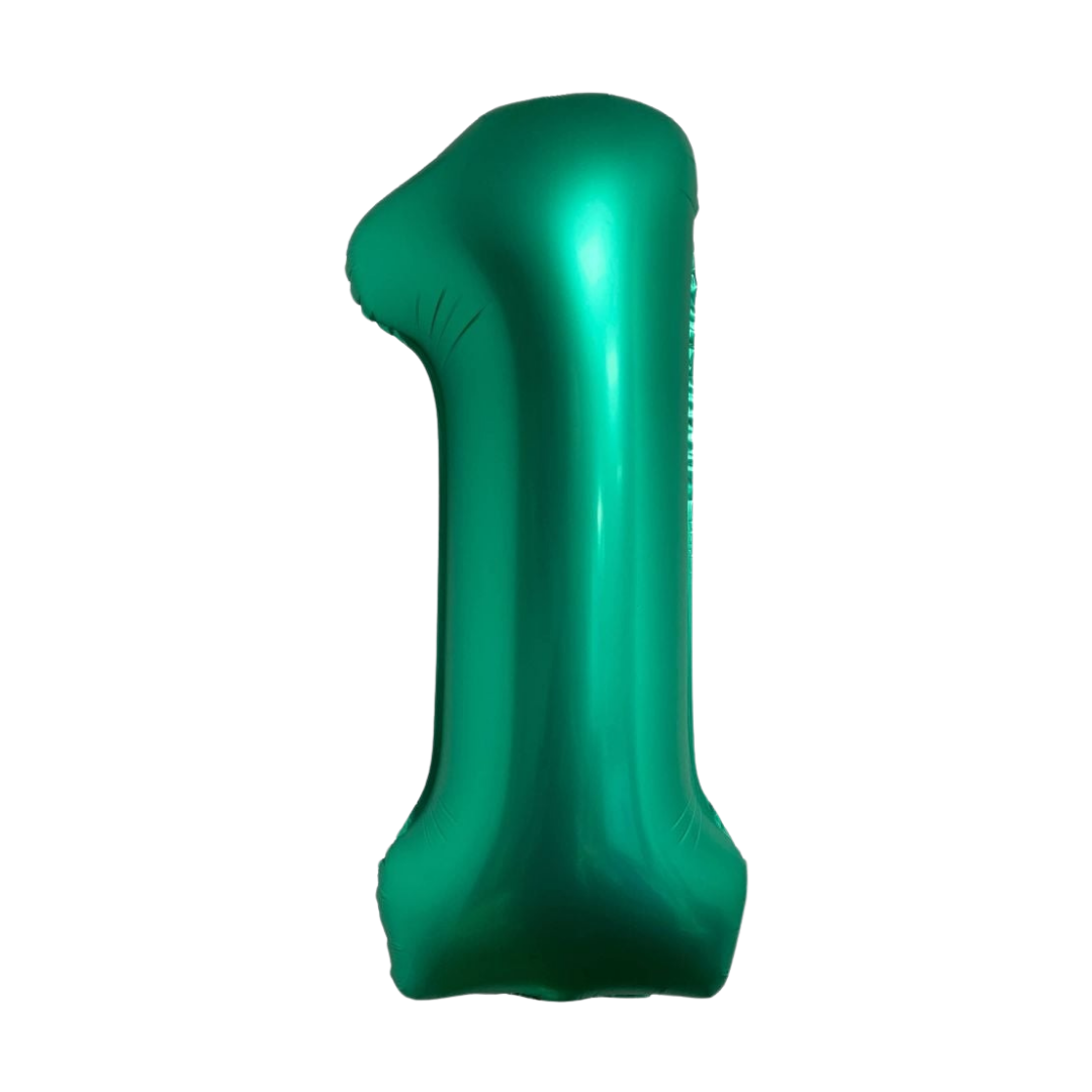 Chrome green number 1 foil balloon birthday party decoration from Parte Haus party supply store in Bethesda MD