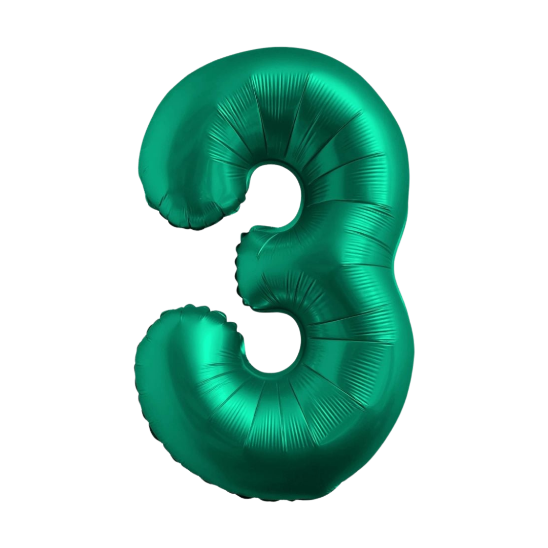 Chrome green 34in number 3 foil balloon for birthday parties – from Parte Haus party supply store in Bethesda, Maryland.