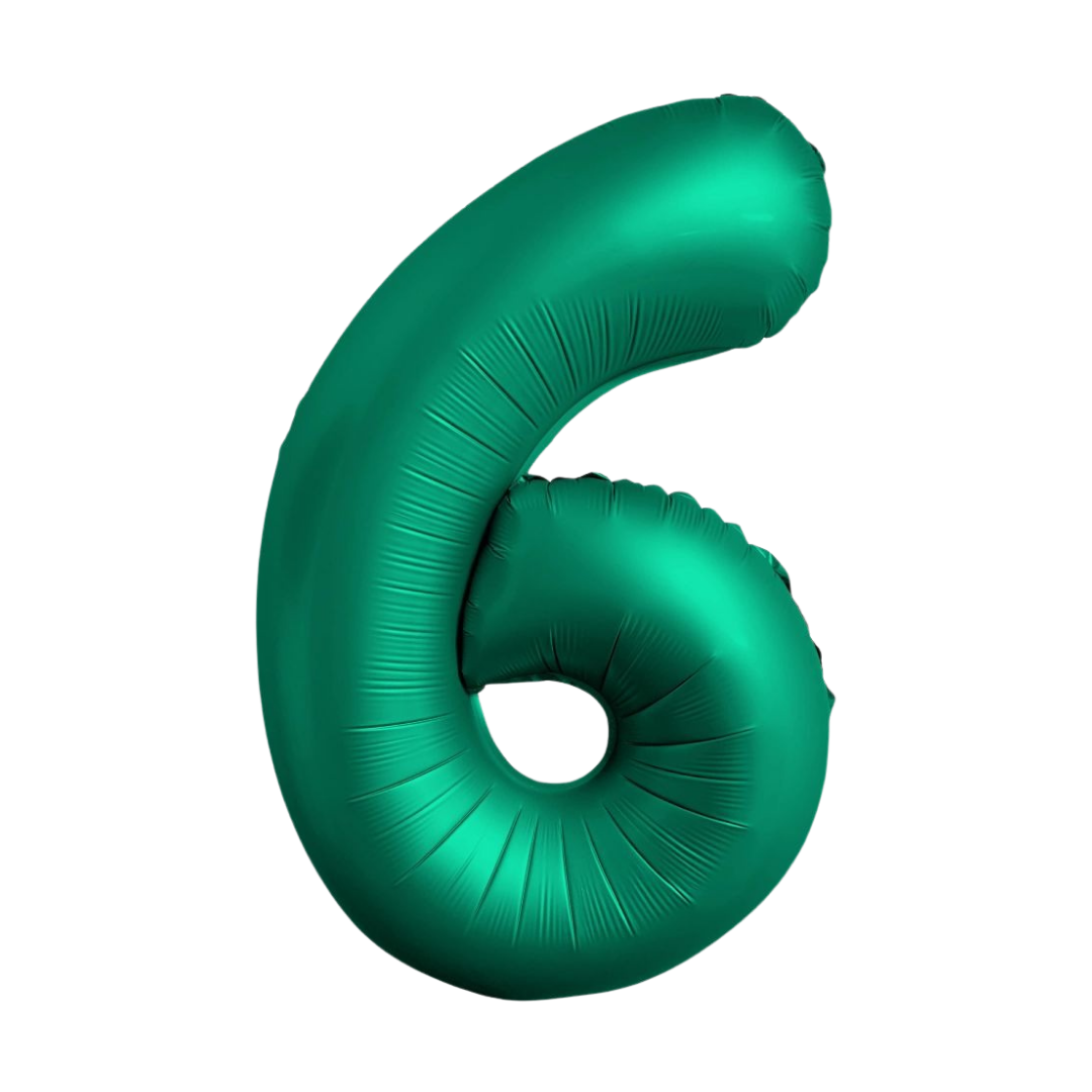 Chrome green 34in number 6 foil balloon for birthday parties – from Parte Haus party supply store in Bethesda, Maryland.