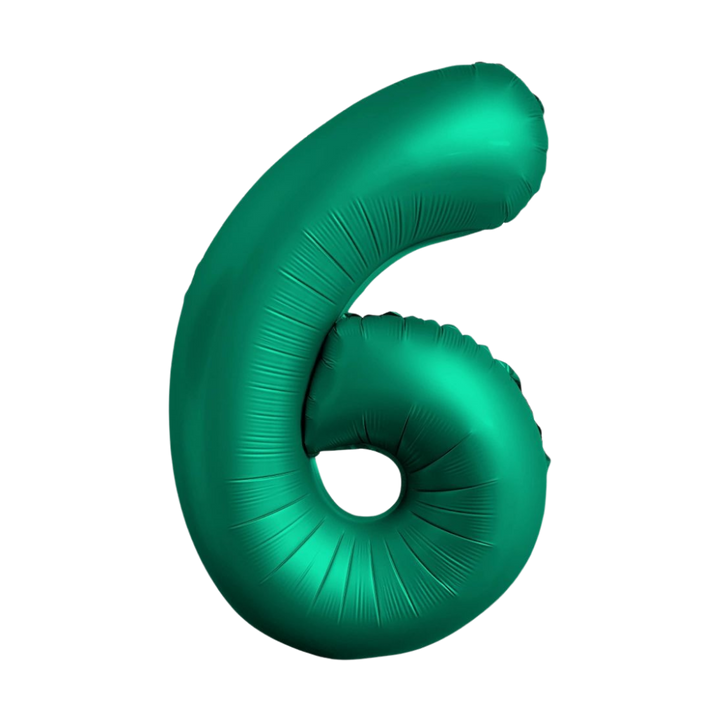 Chrome green 34in number 6 foil balloon for birthday parties – from Parte Haus party supply store in Bethesda, Maryland.