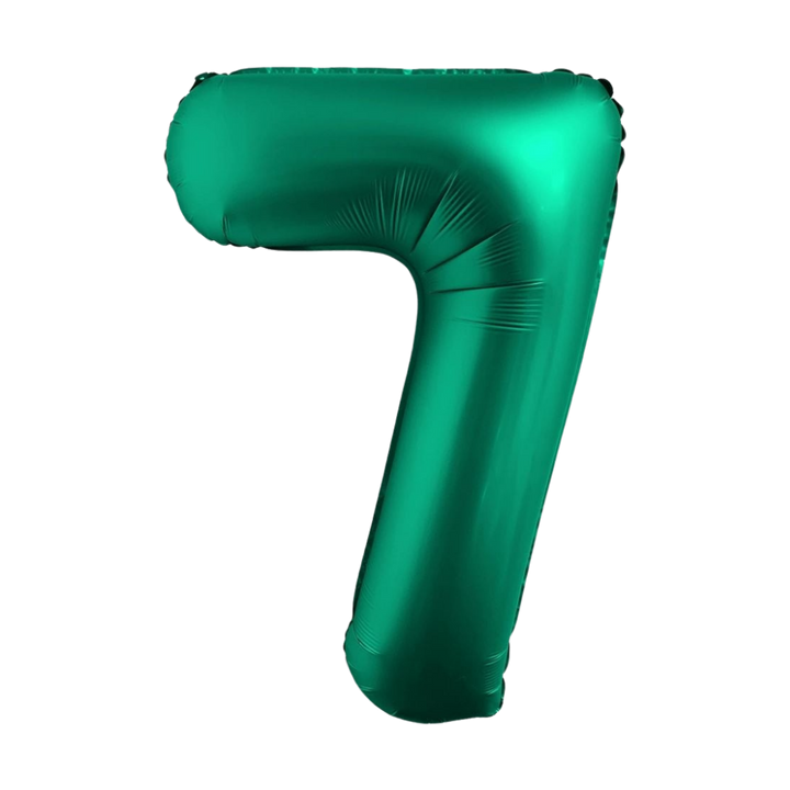 Chrome green 34in number 7 foil balloon for birthday parties – from Parte Haus party supply store in Bethesda, MD.